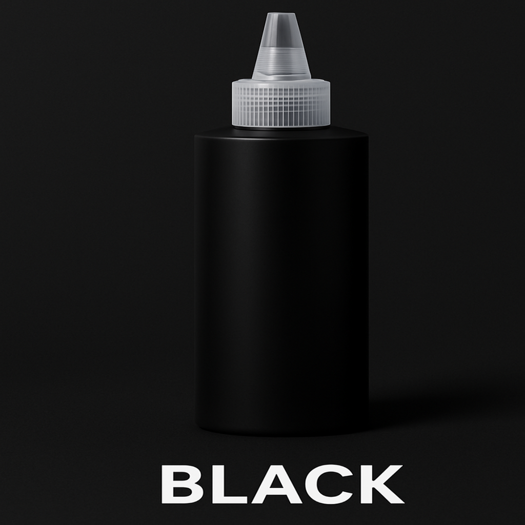 Black squeeze bottle with white cap on a black background