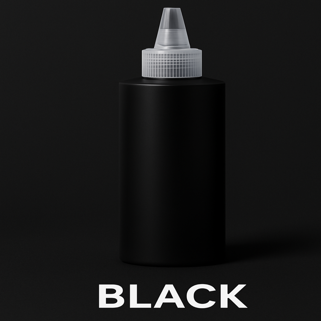 Black squeeze bottle with white cap on a black background